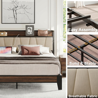 Cadre de lit métallique moderne et personnalisable avec station de charge, design durable pour chambre d'hôtel, tailles Queen/Full, linge de lit