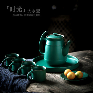 Tetera de Cerámica Verde Oscuro Esmaltada, Juego de 4 Tazas con Tapa, Estilo Retro, Juego de Té Kung Fu para Hogar u Oficina - Product Image 4