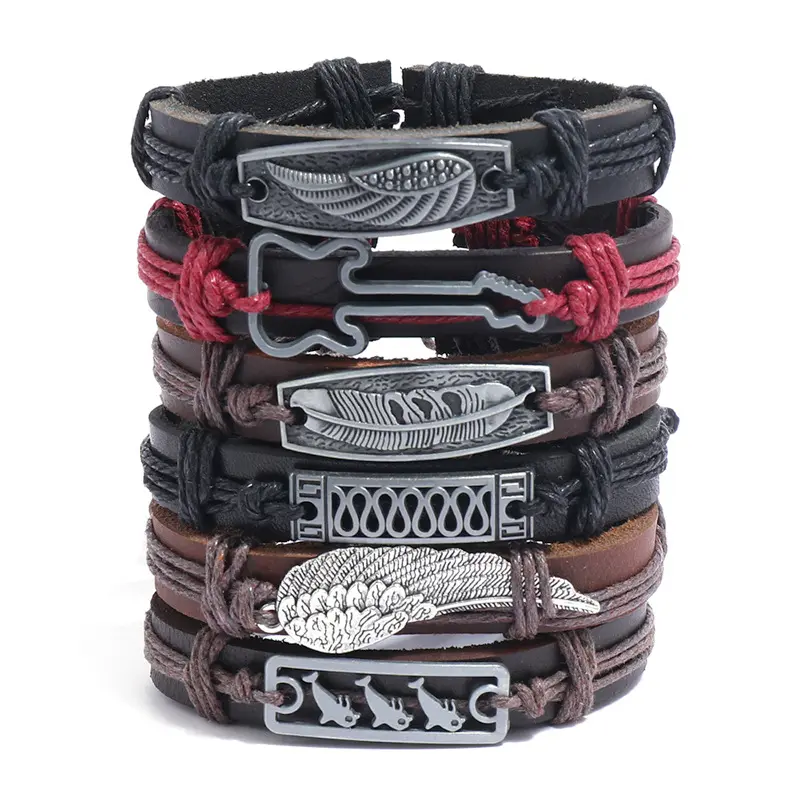 TZ455 Adjustable Straps Wrap Braided Bracelets 6pcs Punk Dolphin Wing Guitar Leather Cuff Cowhide Engagement Anniversary