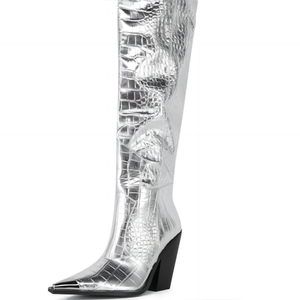 Women Silver Animal Prints Custom Styles Over Knee High Boots Ladies Middle Wedge Heels <b>Shoes</b> Metal Pointed Toe Long Booties - Product Image 6