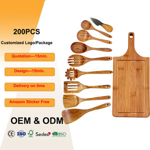 Ensemble <span class=keywords><strong>de</strong></span> 10 ustensiles <span class=keywords><strong>de</strong></span> <span class=keywords><strong>cuisine</strong></span> antiadhésifs faits à la main en bois <span class=keywords><strong>de</strong></span> Teak, planche à découper en bambou avec couteau à fromage - Product Image 1