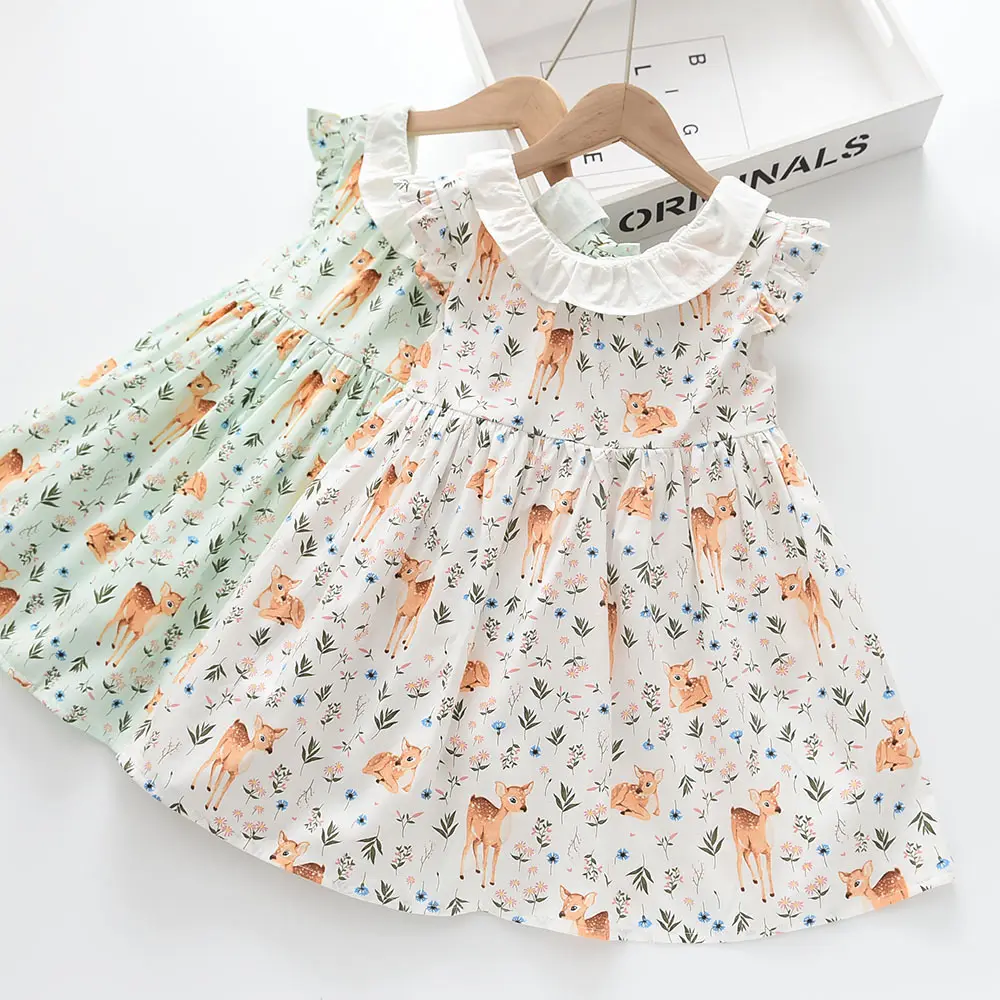 2023 New Arrival Spring Summer Boutique Children Casual Clothing Ruffle Collar Girls Sleeveless Floral Dress for 3T-8