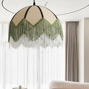Lampada a Sospensione Vintage Francese con <span class=keywords><strong>Paralume</strong></span> in Lino <span class=keywords><strong>Verde</strong></span> e Nappe, Illuminazione LED per Camera da Letto, Sala da Tè, Soggiorno e Sala da Pranzo - Product Image 1