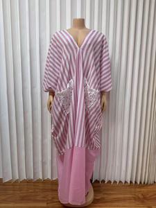 Robe longue caftan rayée grande taille pour femme avec poches en dentelle et ceinture, coupe ample décontractée, style africain tendance - Product Image 5