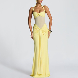 Vestido largo de malla con cuello halter para mujer, elegante vestido de noche con lazo en la espalda - Product Image 1