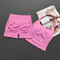 Conjunto de yoga sin costuras para mujer: sujetador deportivo y pantalones cortos, top deportivo halter sin espalda, pantalones cortos de yoga de cintura alta antirozaduras, atuendo para entrenamiento.