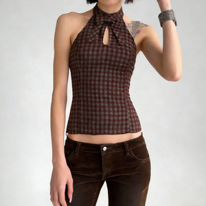 Top sin mangas para mujer, estilo vintage, transpirable, de punto, con estampado a cuadros retro, con lazo y contraste de color. - Product Image 1