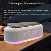 Pengisi Daya Nirkabel 6-in-1 Dengan Stasiun Pengisian Daya, Speaker, Jam, Tampilan Suhu, Lampu Malam, dan Fungsi Alarm