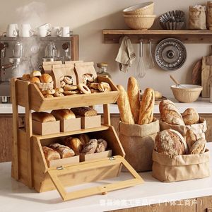 Boîte à pain en bambou Hong'ao à double couche avec tiroir, étagère de rangement pour fruits et légumes, organisateur de cuisine, couleur bois naturel - Product Image 5