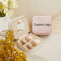 Boîte de rangement portable de luxe en velours italien avec fermeture éclair et miroir pour colliers, boucles d'oreilles et bagues, personnalisable avec logo