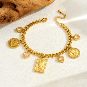 European American Gold Plated Geometric Charm Bracelet With Portrait Pendant And Diamond Heart Accents Gift Jewelry - Product Image 2