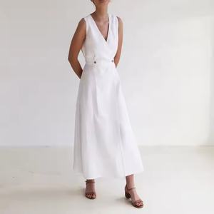 ชุดเดรสฤดูร้อนคุณภาพสูงแบบ ODM สั่งทำได้ ผ้าลินิน 100% ขายส่ง ชุดเดรสทรงเข้ารูป คอวี แขนกุด สำหรับผู้หญิง - Product Image 2