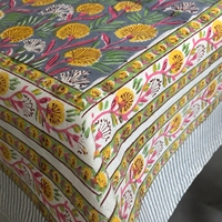 Nappe rectangulaire en pur coton 140*220cm, imprimé floral gris-vert, motif botanique jaune, pour table à manger