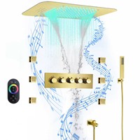 Système de douche thermostatique LED doré brossé avec haut-parleur musical, 6 jets latéraux, douchette à main et télécommande