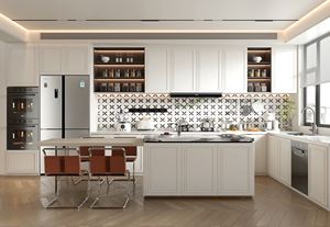 Armoire de cuisine moderne couleur chêne <span class=keywords><strong>blanc</strong></span> panneau mat <span class=keywords><strong>porte</strong></span> en verre livraison rapide incontournable pour appartement centre commercial comprend un évier - Product Image 6