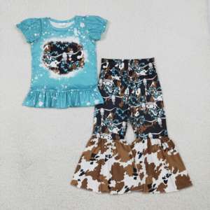 Ensemble 2 pièces décontracté pour petites filles : T-shirt respirant à imprimé crâne de taureau turquoise western et pantalon évasé – Vente en gros de mode enfantine - Product Image 3