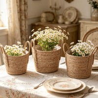 Panier de rangement en corde de paille tressée à la main avec poignées tressées, panier décoratif tissé pour plantes, linge et maison