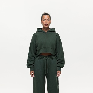 Set di Felpa con Cappuccio e <span class=keywords><strong>Pantaloni</strong></span> in Cotone e Poliestere per <span class=keywords><strong>Donna</strong></span>, Personalizzabile con LOGO, Stile Vintage, Verde Navy con Cerniera - Product Image 2