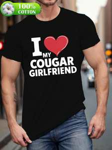 T-shirt in cotone con stampa geometrica, girocollo, vestibilità regolare, unisex, manica corta, I Love My Cougar Girlfriend, camicia casual estiva - Product Image 3