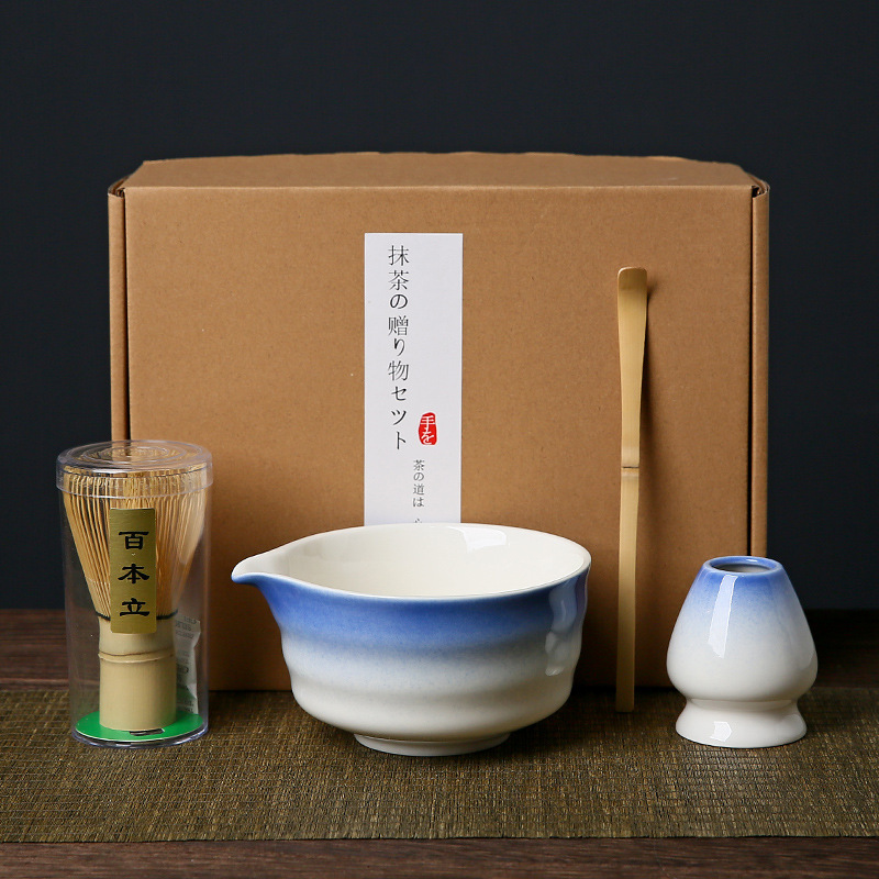 Bol à matcha bleu et blanc set 4 pièces (exian) + boîte