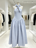 Nouvelle Robe Midi Rayée Vintage Printemps-Été 2026 à Bretelles, Coupe Trapèze, Taille Cintrée, Style Vacances Australie, Vente Transfrontalière