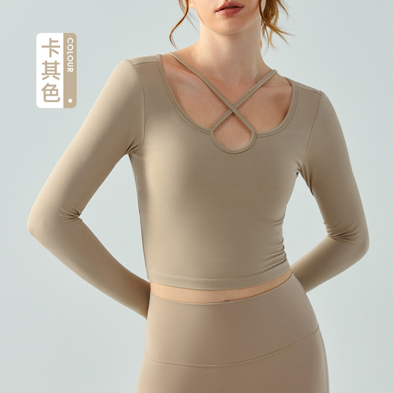 Spring and Autumn Cross Back Yoga Wear Long Sleeve Gym Top Running Quick Dry Sportswear With Chest Pad Sexy Tight Fit