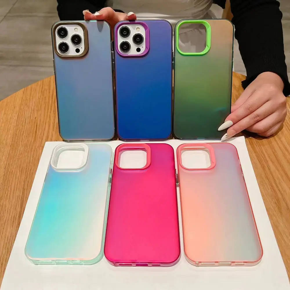 Carcasa de teléfono de Color degradado colorido de nuevo estilo con botones galvanizados, funda trasera de teléfono con borde completo para iPhone 15 Pro Max 14 13
