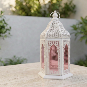 Manufacturers Popular White Metal Moroccan <b>Candle</b> <b>Lantern</b> with Rose Gold Glass for Ramadan and Weddings - Product Image 5