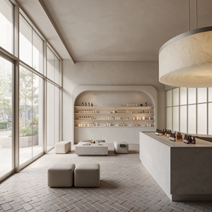 Aménagement intérieur de boutique de parfums et cosmétiques sur mesure Wabi Sabi en travertin, mobilier complet pour magasin, présentoir de beauté pour la vente au détail - Product Image 4