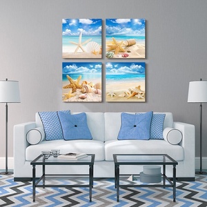 Set di 4 Stampe <span class=keywords><strong>su</strong></span> <span class=keywords><strong>Tela</strong></span> Senza Cornice con Motivi Marini Moderni: Conchiglie e Stelle Marine, <span class=keywords><strong>Quadri</strong></span> Decorativi da Parete - Product Image 2