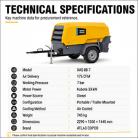Compresor de Aire de Tornillo Diésel Portátil Atlas Copco XAS88 con Motor Kubota de 33kw para Operaciones en Obras de Construcción de Carreteras