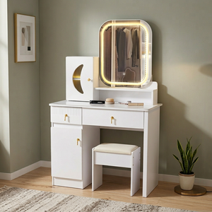 Modern White <b>Makeup</b> Vanity Table with Lighted <b>Mirror</b> and Storage Cabinet for Bedroom Furniture - Product Image 2