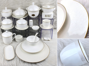 Service de table en porcelaine fine gaufrée bambou avec bordure dorée, vaisselle de luxe pour hôtels et banquets, personnalisable avec logo pour restaurants et mariages - Product Image 2