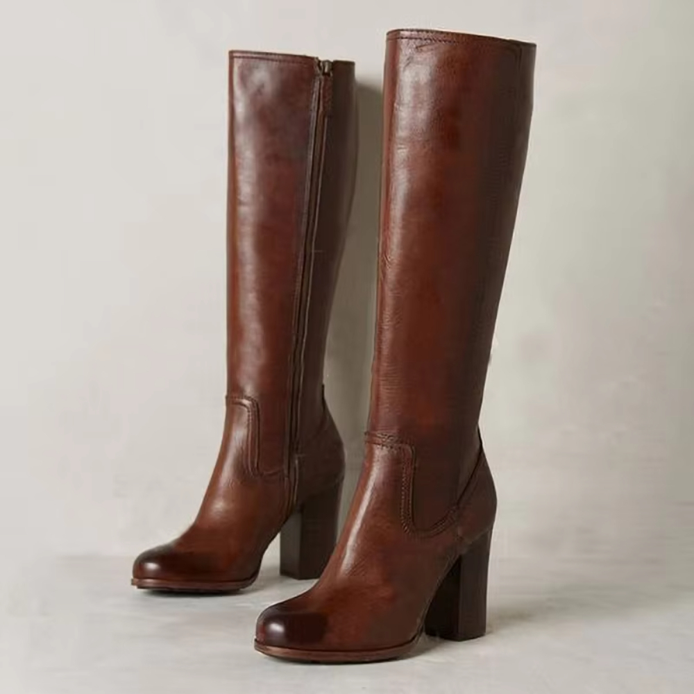 CrazycatZ Women's Bohemian Knee High Boots - Leather Flat Boots With Splicing Pattern, Brown, Size 11