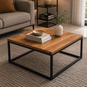 Mesa de Centro de Madera Maciza de Estilo Industrial con Estructura de Acero Negro, Mesa de Centro Contemporánea para Interiores Residenciales Elegantes - Product Image 5