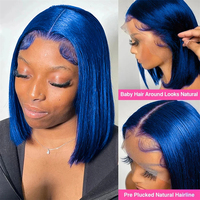 Wig Bob Pendek Warna Biru 13x4 Lace Front, Rambut Asli Warna Biru Dongker Lurus, Wig Frontal Transparan, Panjang 10-16 Inch, Kepadatan 200%