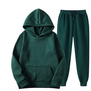Conjunto de Sudadera con Capucha Verde Oscuro Unisex, Corte Regular, Felpa, Pantalones Deportivos Casuales de Otoño, 100% Algodón, Transpirable, Color Sólido - Product Image 1