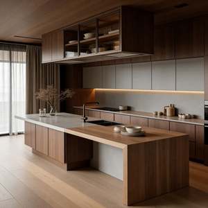 Cuisine îlot en bois brun foncé de luxe sur mesure Balom avec évier intégré, armoires en verre et appareils électroménagers intégrés - Product Image 6