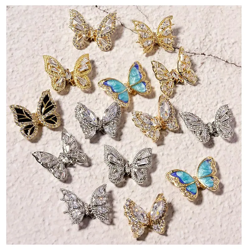 Charm de mariposa para uñas, joyería de circón con recubrimiento de oro Real, DIY, 3D, Popular, al por mayor