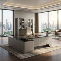 Conjunto de Muebles de Escritorio Ejecutivo en Forma de L de Lujo Moderno con Librero con Puerta de Vidrio LED a Juego y Silla Ergonómica