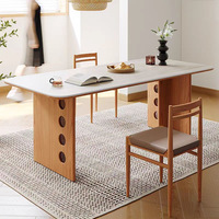 Table à manger rectangulaire de style nordique mi-siècle, plateau en pierre, bois massif, minimaliste, rétro, pour 4 personnes, usage domestique, petits appartements