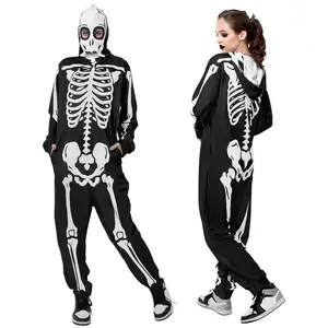 Funmular adulto esqueleto disfraz Mujer frente y espalda hueso estampado Halloween esqueleto mono