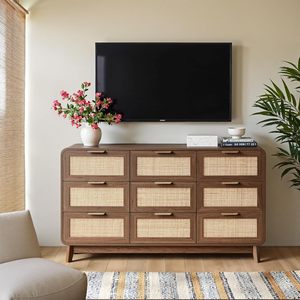 <span class=keywords><strong>Commode</strong></span> à <span class=keywords><strong>9</strong></span> <span class=keywords><strong>tiroirs</strong></span> style ferme moderne bohème, finition noyer, en bois écologique et durable, haute, pour chambre à coucher - Product Image 1