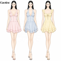 Robe de soirée mini babydoll sans manches pour femme, avec corsage corset et bordure en dentelle, couleurs bleu blush et jaune, personnalisable OEM ODM, vente en gros