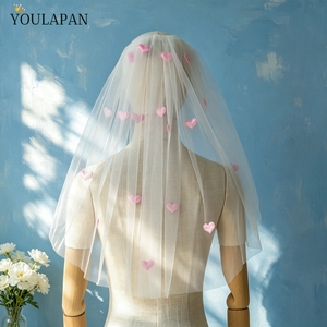 Voile de mariée court YouLaPan V271 rose romantique à motif cœur, en tulle blanc transparent, avec peigne à cheveux pour fête de mariage - Product Image 1
