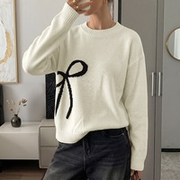 Pull en maille court à col rond pour femme, noir, avec nœud jacquard, manches longues, épaules tombantes, coupe ample, doux, décontracté, pour le quotidien