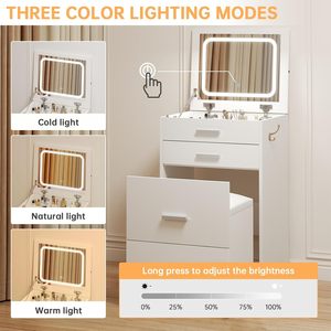 Airynee 3-in-1 Compact <strong>Vanity</strong> Desk Lighting Mirror Cushioned Stool 3 Drawers Flip-up Feature 3 Colors Small <strong>Makeup</strong> <strong>Vanities</strong> - Product Image 5
