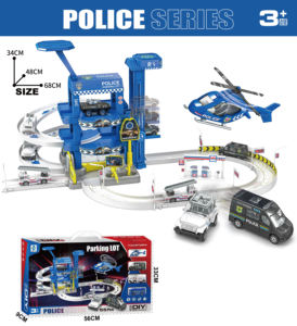 Ensemble de voitures sur rail sur le thème des pompiers et de la police EPT avec parking élévateur, comprend un hélicoptère, 2 voitures en alliage et un bus coulissant, jouet pour enfants - Product Image 2