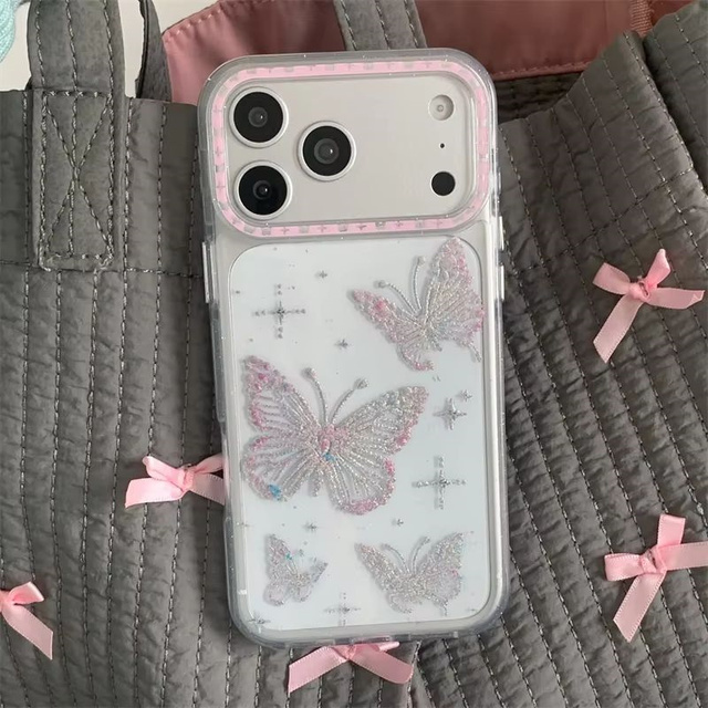 INS Fashion Fantasy Glitter Butterfly Phone Case for iPhone 17 16 15 14 Pro Max Pink Silver Rhinestone Protective Case
