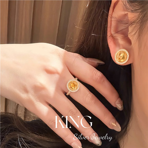 King Silver Jewelry S925 Sterling Silver Gold Plated Disc Yellow Crystal <b>Ring</b> And Earrings Set Women's Everyday Wear - Product Image 3